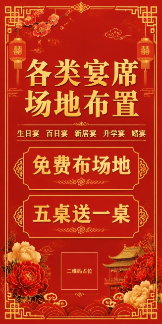 喜庆宴请活动宣传海报，整体采用纯红色背景，所有文字为黄色，风格为传统喜庆国风新中式工笔。主标题居中用大字展示"各类宴席场地布置"，副标题在主标题下方展示"生日宴 百日宴 新居宴 升学宴 婚宴"，核心优预览效果