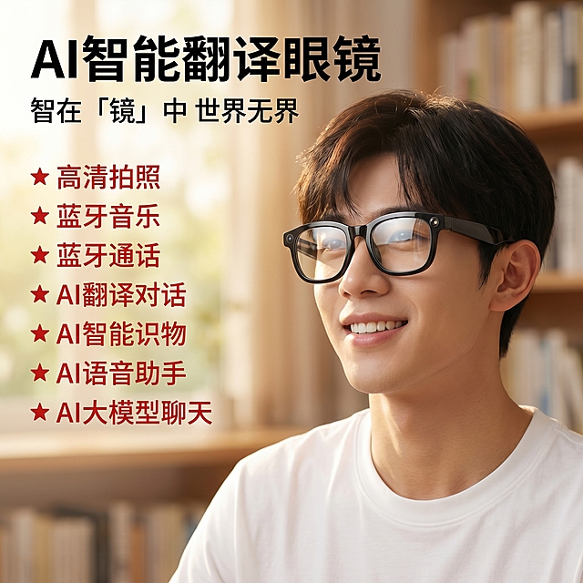 [主图 1] AI智能翻译眼镜首图，使用上传图片中的年轻男生作为模特，男生面带自然微笑，保持模特五官长相不变，让模特佩戴AI智能翻译眼镜；
[氛围风格] 参考提供的参考图，简约清晰突出卖点，高端亲民科技风，保留模特户外阳光自然亲近感；
[画质] 商业摄影质感、光线柔和通透、产品清晰真实、模特面部自然真实、画面干净高级。
[元素] 亲和微笑年轻男模特位于画面右侧，自然露出上半身，佩戴黑色AI智能翻译眼镜，保持AI智能翻译眼镜外观（物理结构、材质质感、颜色）与输入产品图绝对一致，杜绝任何变形和色差，精细化处理。背景调整为浅暖调虚化书房场景，保留模特自然感，产品和模特作为主体清晰突出，商品主体+模特占比严格控制在60%-80%之间，画面满屏无边框。
[光影] 主光源柔和均匀，保留模特皮肤自然质感，眼镜镜框玻璃有清晰反光，背景虚化朦胧有层次，整体暖调通透。
[配色] 主色调参考参考图红黑白配色，红色卖点标签、黑色主标题文字，浅色背景，对比强烈清晰。
[视角构图] 平视模特正面，浅景深突出主体模特和眼镜；左文右图的经典构图结构。
[文字版式] 左上区域分层次排版文案，预留安全边距，不遮挡模特主体。顶部主标题 "AI智能翻译眼镜" 黑色最大号粗体无衬线字体；副标题 "智在「镜」中 世界无界" 黑色小一号字体；下方核心卖点分7行，每行带红色五角星前缀："高清拍照" "蓝牙音乐" "蓝牙通话" "AI翻译对话" "AI智能识物" "AI语音助手" "AI大模型聊天"，文字均为红色，字号比副标题小，清晰对齐。文字与背景对比强烈，清晰易读，无遮挡主体。
[比例分辨率] 1:1 比例，2k 分辨率，文字清晰可辨，超高清。
[负向提示词] 变形，水印，文字错乱，产品图模糊，背景杂乱，模特五官变形，产品色差，文字遮挡主体，模特和眼镜光影不融合