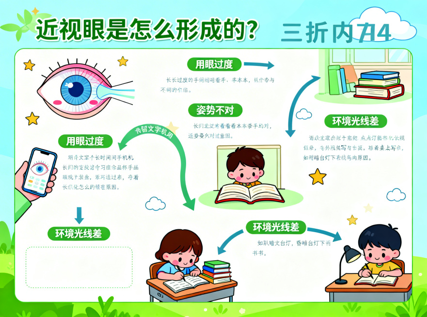 小学近视防控科普三折页内页，主题是近视眼形成原因，卡通风格，绿色蓝色清新配色，有可爱的示意图标注，预留文字区域，排版清晰，适合小学生阅读，A4尺寸横版预览效果
