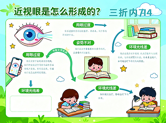 小学近视防控科普三折页内页，主题是近视眼形成原因，卡通风格，绿色蓝色清新配色，有可爱的示意图标注，预留文字区域，排版清晰，适合小学生阅读，A4尺寸横版
