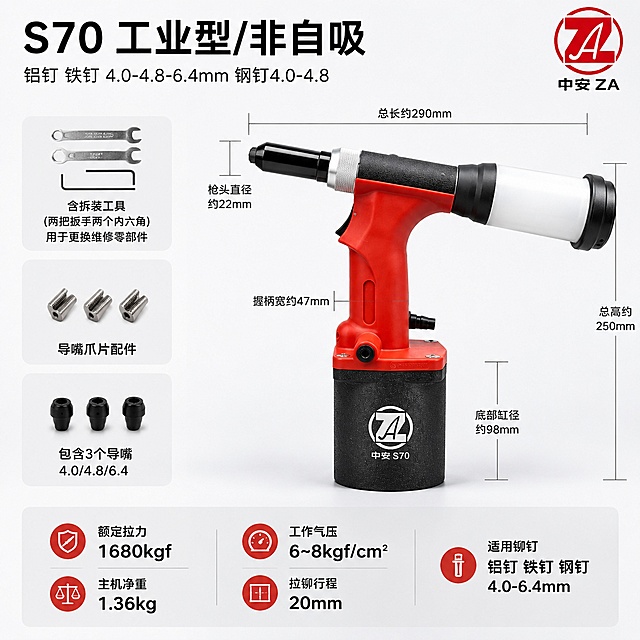 参照最后一张模板图的版式与构图风格，制作中安S70工业型非自吸气动拉铆枪的电商主图参数海报。浅灰白色干净背景，专业五金器械商业摄影质感。画面布局：顶部左侧大标题区写“S70 工业型/非自吸”，下方副标题写“铝钉 铁钉 4.0-4.8-6.4mm 钢钉4.0-4.8”，右上角放中安ZA品牌Logo。中间偏右为红色S70气动拉铆枪主体大图，枪身朝左，保持产品外观结构颜色材质与输入产品图绝对一致，杜绝变形色差，产品占画面约55%。主体周围标注尺寸线：总长约290mm、总高约250mm、枪头直径约22mm、握柄宽约47mm、底部缸径约98mm。左侧竖排三个配件小图区，从上到下分别是：含拆装工具（两把扳手两个内六角）用于更换维修零部件、导嘴爪片配件、包含3个导嘴4.0/4.8/6.4。底部通栏参数区分三列：左列“额定拉力 1680kgf”“主机净重 1.36kg”，中列“工作气压 6~8kgf/cm²”“拉铆行程 20mm”，右列“适用铆钉 铝钉 铁钉 钢钉 4.0-6.4mm”。整体高信息密度满版构图，文字清晰可读不遮挡主体，现代工业风，光线明快边缘高光清晰，超高清商业摄影质感。