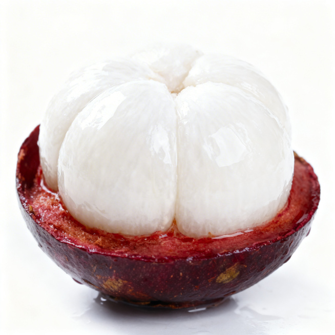 泰国进口山竹商品主图，纯白背景，特写展示山竹果肉质感，洁白水润，居中展示，光影清晰，适合电商销售，突出凉爽口感预览效果