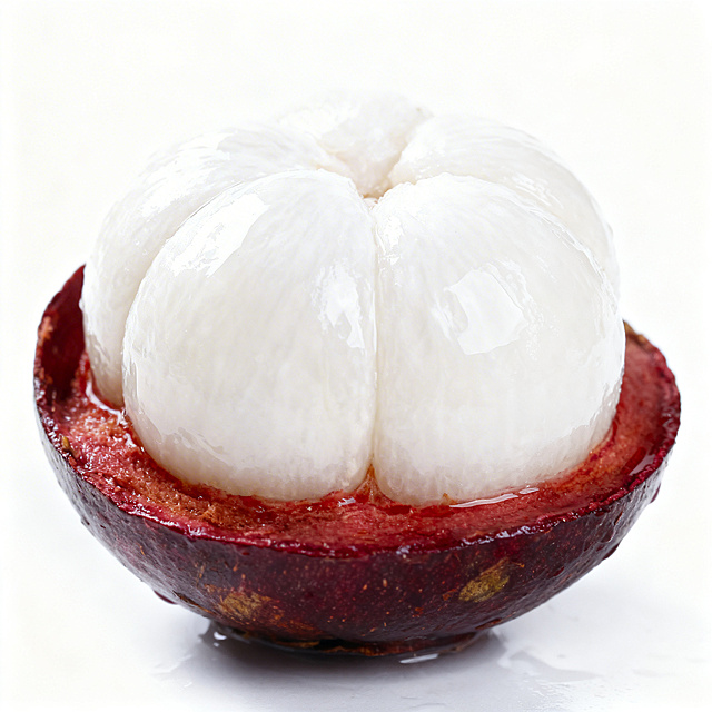 泰国进口山竹商品主图，纯白背景，特写展示山竹果肉质感，洁白水润，居中展示，光影清晰，适合电商销售，突出凉爽口感