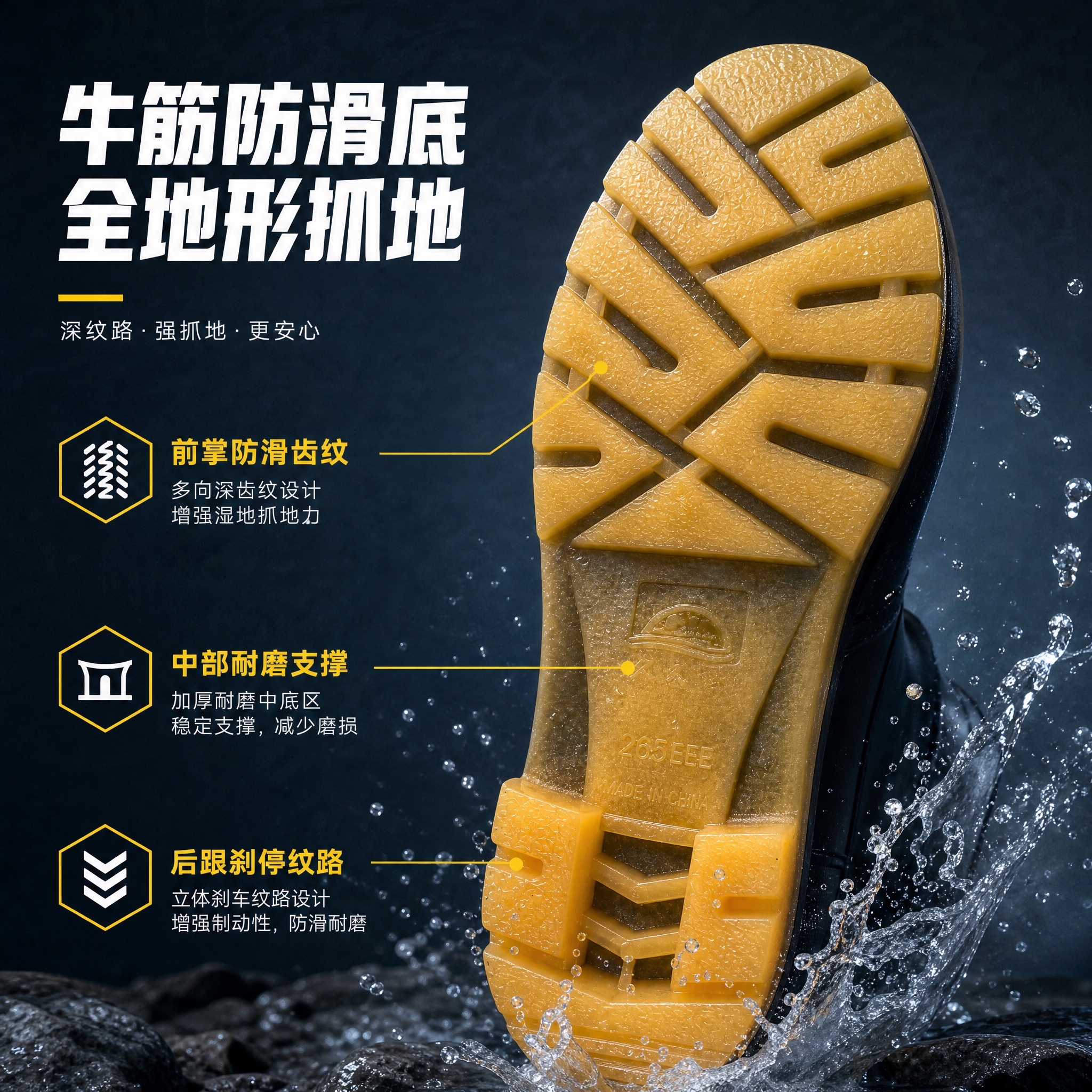[主图-2] 民望男款雨靴鞋底防滑结构展示图，重点展示牛筋防滑… - 图片创意预览