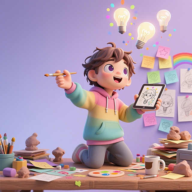 趣味3D插画风格，C4D渲染，OC渲染，Blender建模，柔软光线，马卡龙色系，极简纯色背景，泡泡玛特盲盒质感，光滑黏土材质，影棚打光，8k分辨率，超细节，人物居中半身，充满奇思妙想的年轻中性形象，发型俏皮微微凌乱，穿着色彩明亮宽松卫衣，坐在堆满创作材料的工作桌前，身体半蹲在桌上，一手拿画笔在空中挥舞，另一手举平板展示灵感草图，桌面散落颜料、粘土、彩纸、小模型和打翻的咖啡杯，身后墙上贴满彩色便利贴和手绘稿，头顶上方悬浮几个发光灵感灯泡其中一个已亮起向外散射彩色光点，嘴巴微张表情兴奋，极简纯色背景，淡紫色渐变带彩虹色光点，整体氛围灵感迸发，创意星人强