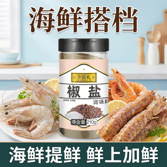 这张图片中的产品是椒盐调味料，我在拼多多卖这款产品，请帮我设计20张拼多多主图
主图文案要求：配料干净，咸淡适中，净含量210g，做菜口感味道好，烧烤撒料，火锅蘸料，油炸搭档，粉质细腻，海鲜/干锅/炒预览效果
