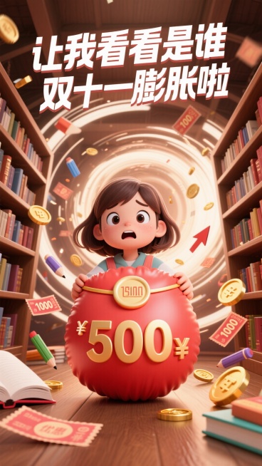 3d风格，科技感。画面文案：顶部大标题“让我看看是谁 双十一膨胀啦”。画面视觉：一个女孩不可思议的表情，有一个红包写着500的字样膨胀了，然后一个膨胀的箭头写着1000，周围有优惠券和金币，背后是节日预览效果