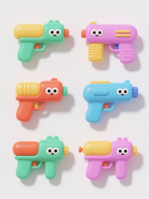 6个不同样式、不同配色、不同风格的卡通风格水枪，每个水枪拥有圆润可爱的造型、鲜明饱和的纯色搭配、光滑无纹理的表面质感和简洁的几何形态，以整齐的阵列方式排列在纯白色的纯色背景上，整体呈现出3D渲染的视觉效果，具有柔和的阴影和清晰的边缘轮廓，充满童趣和活泼感。预览效果