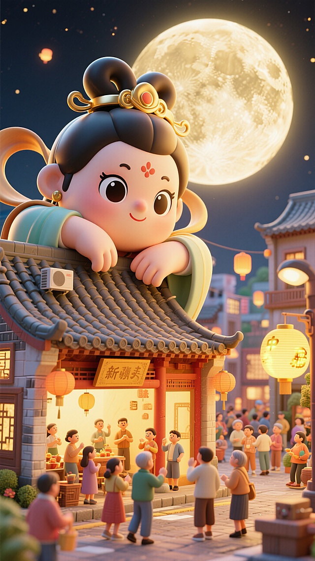 画面呈现金色调：巨人版胖嫦娥（看起来可爱又漂亮，大眼睛）脑袋侧枕着手臂从屋顶后探出，与下面的微缩的现代街道（熙熙攘攘的居民在繁华的街道过中秋节）互动，非常规的创意构图，中秋节庆的氛围，顶部硕大的月亮，