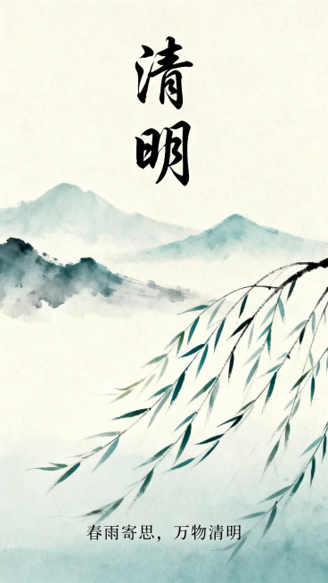 极简主义风格清明节海报，烟青色和米白色调，远景是淡淡的水墨远山，前景画面下方是随风飘动的柳枝，大面积留白构图，居中排版，画面中上方是书法字体书写"清明"二字，画面底部是小字"春雨寄思，万物清明"，氛围预览效果