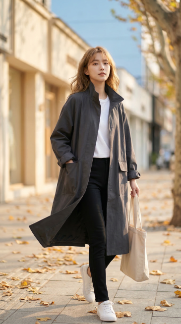抖音女装带货商业人像摄影，索尼A7M4拍摄，50mm f1.8大光圈，浅景深背景虚化，韩系松弛感街拍风格，秋日暖调柔和侧逆光，色彩通透自然，服装面料质感清晰可见。模特为168cm清冷感韩系女生，浅棕亚预览效果