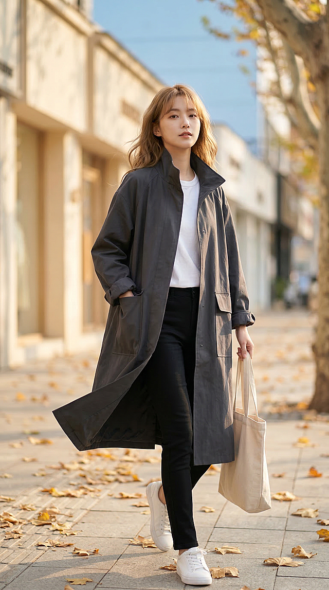 抖音女装带货商业人像摄影，索尼A7M4拍摄，50mm f1.8大光圈，浅景深背景虚化，韩系松弛感街拍风格，秋日暖调柔和侧逆光，色彩通透自然，服装面料质感清晰可见。模特为168cm清冷感韩系女生，浅棕亚麻大波浪卷发，空气感碎发，淡伪素颜妆，眉眼舒展，气质慵懒随性。动作：单手插在风衣大口袋里，另一只手自然拎着简约帆布托特包，侧身迈步向前走，身体微微转向镜头，头轻轻侧转看向镜头，风微微吹起风衣下摆和发梢，自然抓拍的动态感，动作舒展不僵硬。服饰细节：上身穿着深炭灰色立领中长款oversize风衣，落肩宽松版型，单排暗扣门襟，双侧大贴袋，挺括垂坠防风面料，袖口自然挽起；内搭基础款圆领白色T恤，下身搭配黑色紧身显瘦鲨鱼裤，脚穿白色小白鞋。场景：秋日午后的城市梧桐街道，铺满金黄落叶的人行道，背景是浅米色沿街店铺，澄澈的蓝天，下午3点黄金时刻的柔和阳光，画面干净整洁，无多余杂物，重点突出风衣版型和上身效果。