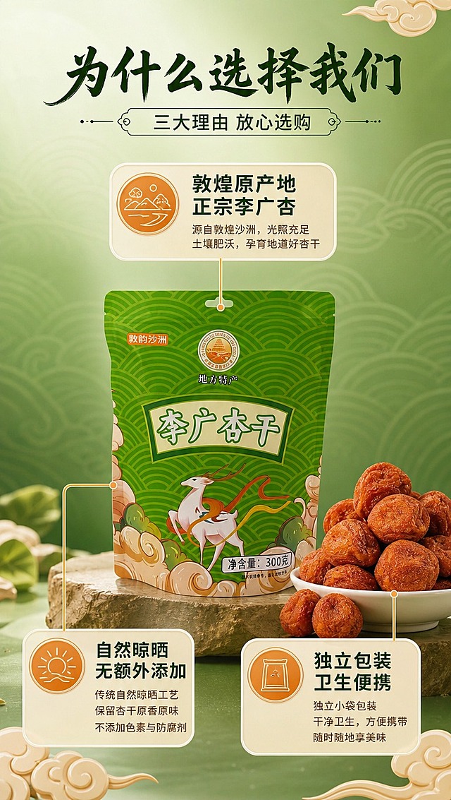 [商品] 使用【图4】敦韵沙洲李广杏干正面包装图 + 【图5】杏干实物图；保留绿色外包装、九色鹿图案、品牌标识、杏干真实形态与色泽；商品处理：清晰化包装与产品细节，增强质感。
[画面] 目标：3大核心理由拆解，全方位说服购买。构图：中心产品 + 三方向引线，中央产品占40%，三个卖点环绕分布。主体位置：画面中央偏下，外包装袋正面展示。景别：中景带信息层。前中后景：前景卖点信息卡，中景产品主体，后景渐变背景+云纹装饰。
[视觉] 套系策略：风格=国潮地域风商业摄影；标题字=国潮书法黑体；正文字=现代无衬线体；主色=翠绿色；背景延展=基于翠绿色做深浅渐变、水波纹纹理、祥云国潮元素延展；强调色=暖杏橙色，仅用于小面积图标、引线、标签和点缀光效；标题色=深墨绿；正文色=深棕灰；组件=圆角米白底信息卡、细线引线、国潮云纹装饰；光影=左前侧暖柔光，产品右侧柔和补光，底部自然投影。
[文字] 顶部主标题："为什么选择我们"，副标题："三大理由 放心选购"；三个卖点分别用引线从产品引出：上方"敦煌原产地 正宗李广杏"，左下"自然晾晒 无额外添加"，右下"独立包装 卫生便携"；每个卖点配小图标，文字层级清晰，不遮挡产品主体。
[规格] 图片比例9:16竖版，4K分辨率，medium质量；避免变形、错字、文字过小、卖点夸大、绝对化用语。