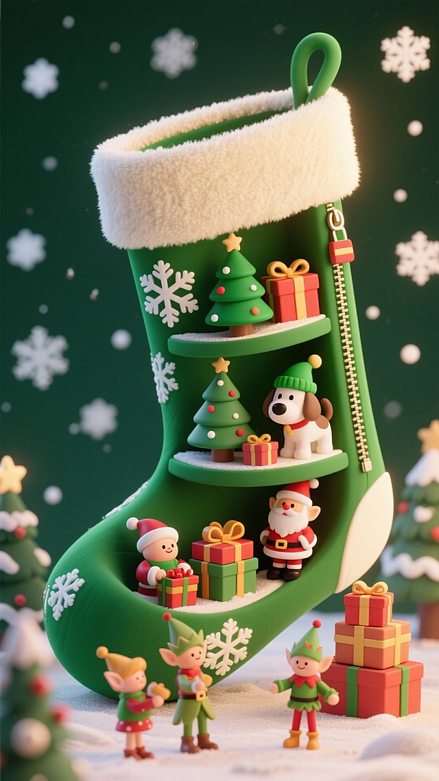 主体是绿色巨型圣诞树袜（袜身印白色雪花纹，顶部配米白色绒边，侧边设拉链开口），袜内分层呈现热闹的圣诞场景：上层有迷你圣诞树、礼物盒、戴绿帽的小狗玩偶；下层有圣诞老人玩偶、堆叠的礼盒、持礼物的另一位精灵玩偶。深绿背景，点缀白色雪花装饰。色彩鲜艳，暖光光线。整个场景具有动态感。