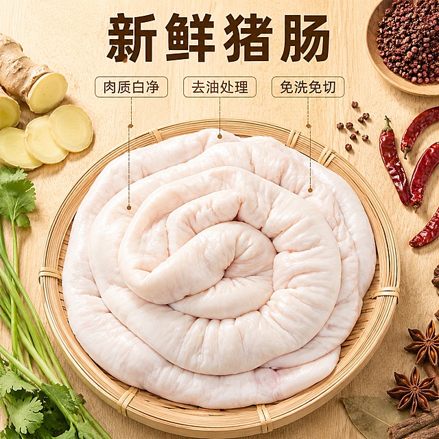 [主图-2] 白水肥肠核心品质展示图。
[氛围风格] 产地食材溯源，新鲜干净风格；
[画质] 商业美食摄影质感、光线柔和通透、食材纹理清晰真实、画面干净高级。
[元素] 主体大块完整生肥肠放置在原生竹制托盘上，表面干净无油垢，纹理清晰，展示原料新鲜度。背景浅调木色案板，旁边摆放新鲜生姜、花椒、干辣椒等卤制香料，突出天然好食材本味。商品主体占比约65%，画面满屏无边框。
[光影] 左侧柔光自然打光，勾勒肥肠纹理立体感，阴影柔和不生硬，突出干净质感。
[配色] 原木浅棕为主色调，肥肠奶白为主体色，香料红绿点缀，整体清爽干净。
[视角构图] 平俯视平铺构图，原料香料分层摆放，景深适中，突出食材完整。
[文字版式] 顶部居中对齐，主标题大号粗体字“新鲜猪肠”，深棕色；下方用浅棕色引线连接三个标注点：“肉质白净”“去油处理”“免洗免切”，每个标注文字为深棕色小字，布局清晰不遮挡主体。
[输出要求] 1:1 比例，文字清晰锐利，超高清商业美食摄影质感；
[负向提示词] 变形，文字错乱，产品图模糊，背景杂乱，水印，电商平台Logo，油污脏污，变质发黑。
