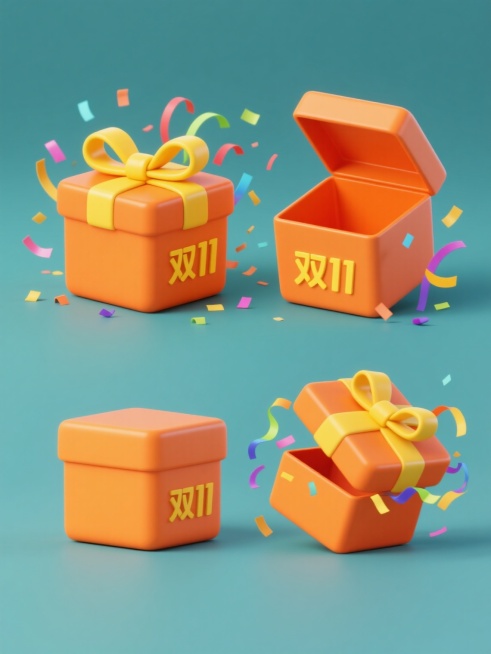 一套4个规整排布的电商营销素材，整体采用简约现代的3D立体风格，纯色背景，无任何文字、logo及水印。第1个为原素材：一个橙色方形礼盒，盒盖微微打开，顶部系着黄色蝴蝶结，周围有彩色飘带和纸屑散开，色彩明快活泼，光影柔和，边缘圆润，具有光滑的塑料质感。第2个变体：橙色方形礼盒，盒盖完全打开呈90度角，黄色蝴蝶结保持系在盒盖顶部，彩色飘带和纸屑的数量及飘散方向略有变化，礼盒正面中央位置用简约现代的……预览效果