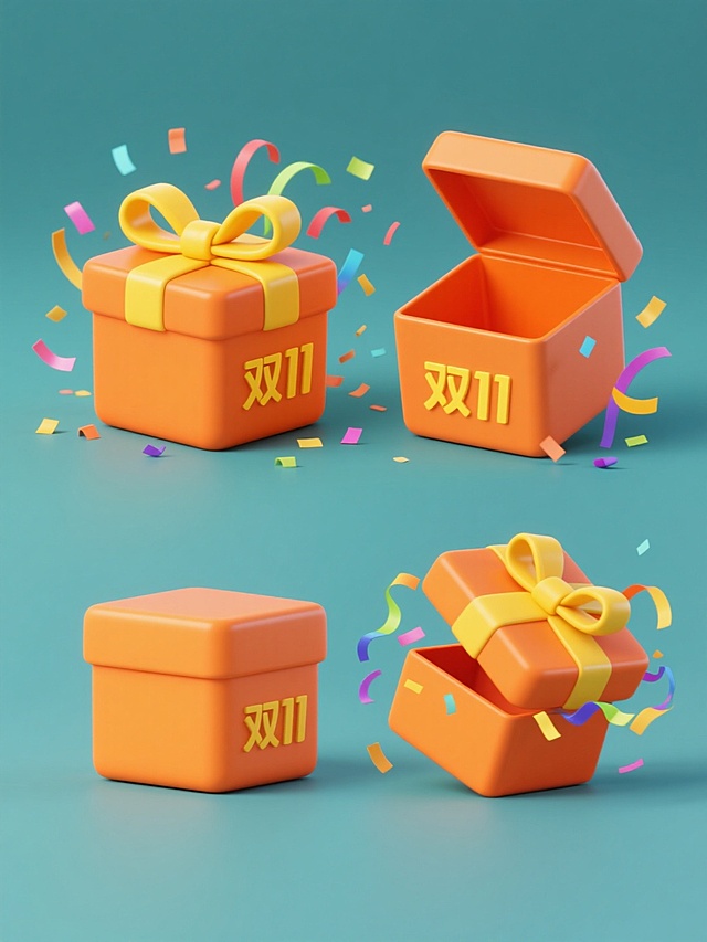 一套4个规整排布的电商营销素材，整体采用简约现代的3D立体风格，纯色背景，无任何文字、logo及水印。第1个为原素材：一个橙色方形礼盒，盒盖微微打开，顶部系着黄色蝴蝶结，周围有彩色飘带和纸屑散开，色彩明快活泼，光影柔和，边缘圆润，具有光滑的塑料质感。第2个变体：橙色方形礼盒，盒盖完全打开呈90度角，黄色蝴蝶结保持系在盒盖顶部，彩色飘带和纸屑的数量及飘散方向略有变化，礼盒正面中央位置用简约现代的无衬线字体印有“双11”字样，字体颜色为黄色，与蝴蝶结颜色相呼应，字号大小适中，不破坏礼盒主体视觉。第3个变体：橙色方形礼盒，盒盖向上翻起至接近垂直角度，黄色蝴蝶结略微倾斜，彩色飘带和纸屑的飘散轨迹与前两个不同，礼盒侧面用小号黄色无衬线字体印有“双11”字样，字体与礼盒侧面平行，保持整体简洁感。第4个变体：橙色方形礼盒，盒盖半开，黄色蝴蝶结一侧微微翘起，彩色飘带和纸屑围绕礼盒呈环形分布，礼盒顶部（盒盖内侧）用黄色无衬线字体印有“双11”字样，字体方向与盒盖保持一致，整体视觉层级清晰，符合电商营销场景的欢快氛围和宣传目的。