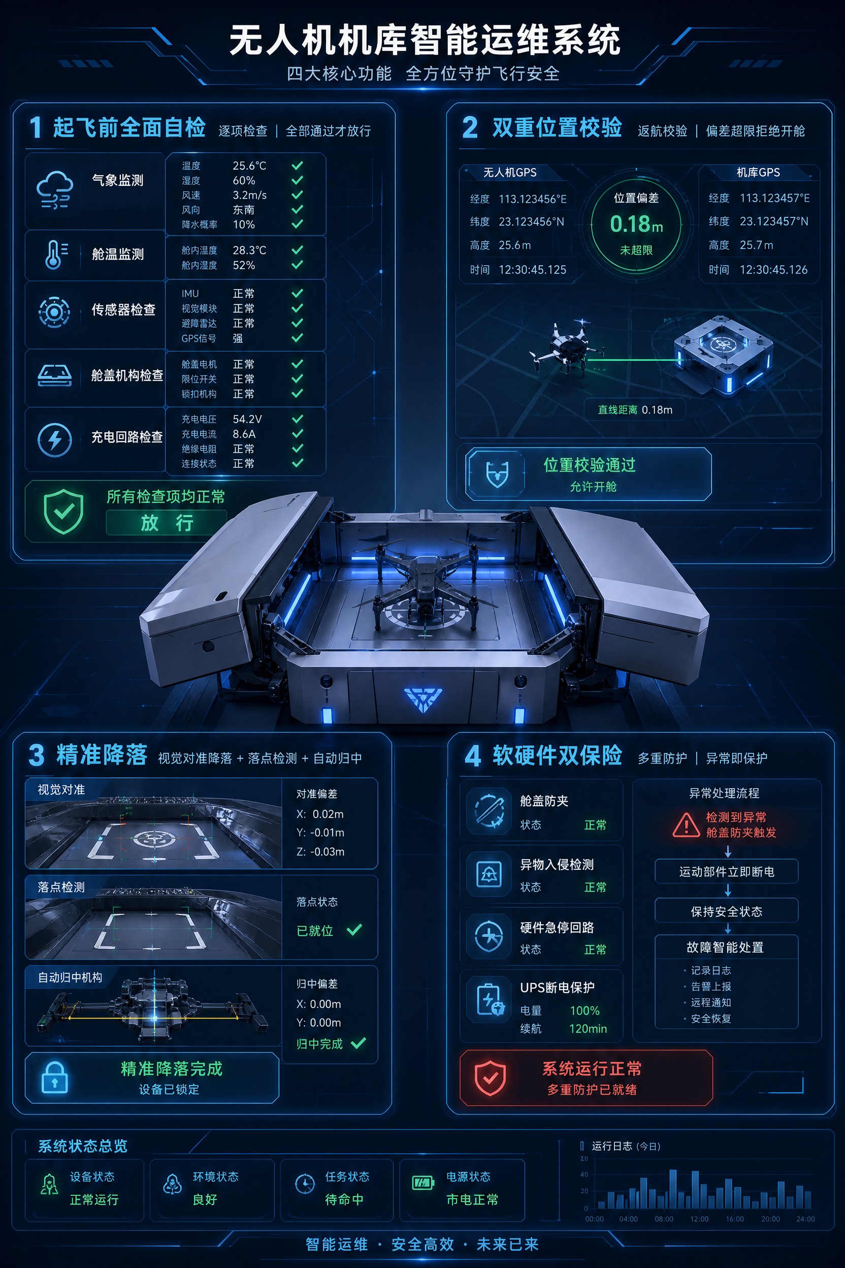 无人机机库智能运维系统的科技概念图，展示四大核心功能模块：1.… - 图片创意预览
