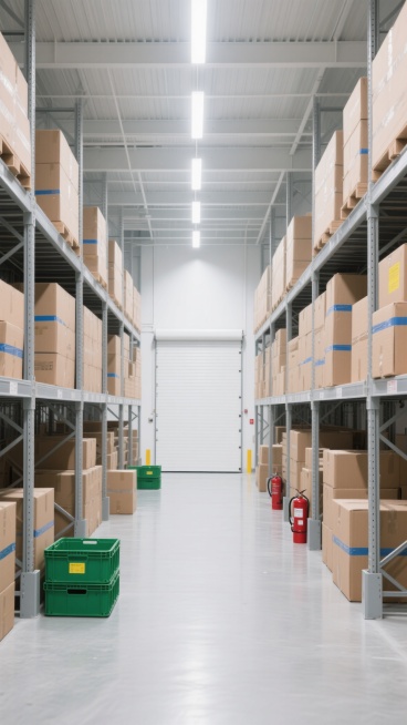 一个宽敞明亮的现代仓库内部，采用写实主义摄影风格，高清晰度，光线充足，以白色和浅灰色为主色调，金属质感的灰色货架从地面延伸至天花板，整齐排列着大量棕色纸箱，部分纸箱带有蓝色胶带或黄色标签，中央通道地面为光滑的浅灰色，尽头是白色的卷帘门，顶部安装有白色条形照明灯，地面上可放置不同样式的绿色塑料周转箱或红色消防设备，整体呈现出整洁、有序、高效的仓储氛围，空间纵深感强，构图采用对称的中央透视法，营造……预览效果