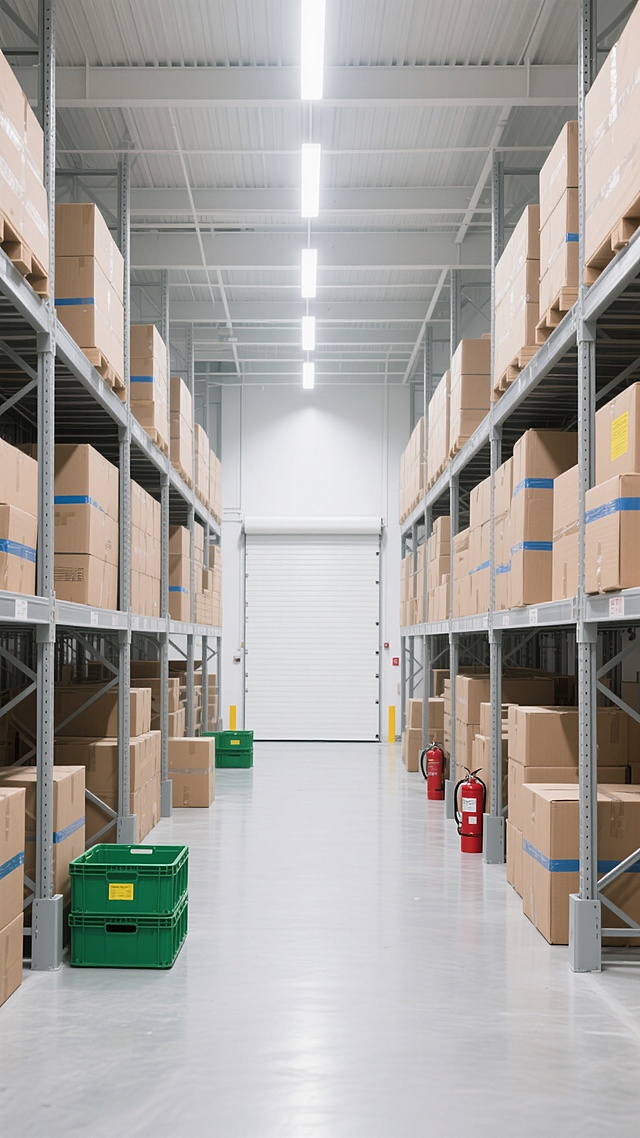 一个宽敞明亮的现代仓库内部，采用写实主义摄影风格，高清晰度，光线充足，以白色和浅灰色为主色调，金属质感的灰色货架从地面延伸至天花板，整齐排列着大量棕色纸箱，部分纸箱带有蓝色胶带或黄色标签，中央通道地面为光滑的浅灰色，尽头是白色的卷帘门，顶部安装有白色条形照明灯，地面上可放置不同样式的绿色塑料周转箱或红色消防设备，整体呈现出整洁、有序、高效的仓储氛围，空间纵深感强，构图采用对称的中央透视法，营造出专业、规范的工业仓储环境。