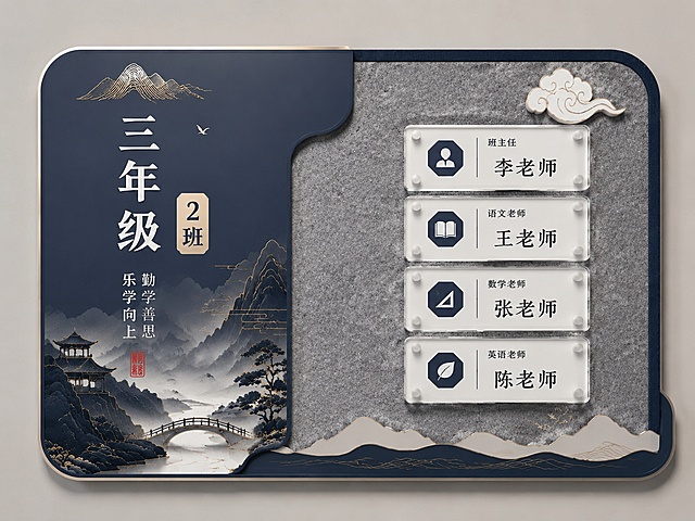 将这张藏青雅灰国风班级标识牌尺寸修改为80*60横版，保留所有设计内容、藏青雅灰国风色调和右侧毛毡板4格名字条结构不变