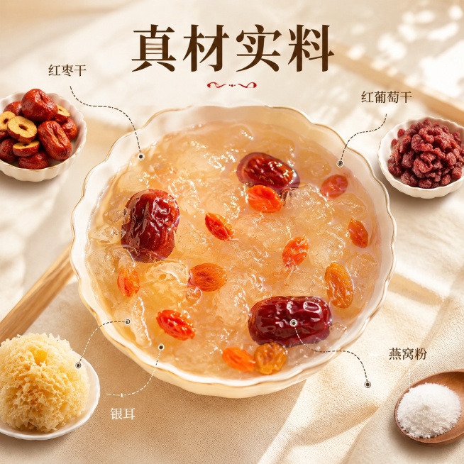 [主图-2] 核心原料展示图。[氛围风格] 真实自然新鲜，突出品质感。[画质] 商业摄影质感、光线柔和通透、产品清晰真实、画面干净高级。[元素] 中心为冲调好的燕窝银耳羹特写，用引线标注核心原料：红枣预览效果