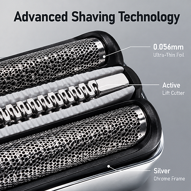 Amazon technical detail close-up image for shaver head replacement. Light gray gradient background. Extreme close-up macro shot of the 32S shaver head foil mesh surface, showing the intricate honeycomb pattern of the stainless steel foil and the middle trimmer blade with wave-shaped cutters. Silver frame visible at edges. Keep product material and structure absolutely consistent with reference image. Annotations with thin white leader lines pointing to key parts: one line to foil mesh with text "0.056mm Ultra-Thin Foil", another line to middle trimmer with text "Active Lift Cutter", third line to frame with text "Silver Chrome Frame". Top of image has bold English title "Advanced Shaving Technology". All text in clean modern sans-serif font, white and light gray colors for dark areas, dark gray for light areas. Professional macro product photography, dramatic side lighting to highlight texture and depth of the mesh pattern. High-tech, precise, premium quality feel. No Chinese characters, no brand logos, no trademarks. 1:1 square format.