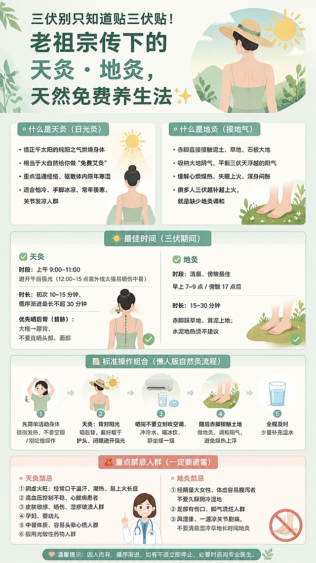 1、竖版小红书科普海报，医学健康科普插画，简约扁平化风格，低饱和薄荷绿 + 米白配色，画面分区排版，文案：标题：三伏别只知道贴三伏贴！老祖宗传下的天灸・地灸，天然免费养生法✨▫️什么是天灸（日光灸）
借正午太阳的纯阳之气烘烤身体
相当于大自然给你做 “免费艾灸”
重点温通经络、驱散体内陈年寒湿
适合怕冷、手脚冰凉、常年畏寒、关节发凉人群
▫️什么是地灸（接地气）
赤脚直接接触泥土、草地、石板大地
吸纳大地阴气，平衡三伏天浮越的阳气
缓解心烦燥热、失眠上火、浑身闷胀
很多人三伏越补越上火，就是缺少地灸调和
🌞最佳时间（三伏期间）
✅天灸
时段：上午 9:00–11:00
避开午后强光（12:00–15 点紫外线太强易晒伤中暑）
时长：初次 10–15 分钟，循序渐进最长不超 30 分钟
优先晒后背（督脉）：大椎→腰背，不要直晒头部、面部
✅地灸
时段：清晨、傍晚最佳
早上 7–9 点 / 傍晚 17 点后
时长：15–30 分钟
赤脚踩草地、黄泥土地；水泥地热烫不建议
📝标准操作组合（懒人版自然灸流程）
先简单活动身体微微发热，不要空腹 / 刚吃饱操作
天灸：背对阳光晒后背，戴好帽子护头，闭眼避开强光
晒完不要立刻吹空调、冲冷水、喝冰饮，静坐缓一缓
随后赤脚接触土地做地灸，调和阳气，避免燥热上浮
全程及时少量补充温水
❌重点禁忌人群（一定要避雷）
▫️天灸禁忌
①阴虚火旺：经常口干盗汗、潮热、易上火长痘
②高血压控制不稳、心脏病患者
③皮肤敏感、晒伤、湿疹破溃人群
④孕妇、婴幼儿
⑤中暑体质、容易头晕心慌人群
⑥服用光敏性药物人群
▫️地灸禁忌
①经期量大女性、体虚容易腹泻者不要久踩阴冷湿地
②足部有伤口、脚气溃烂人群
③风湿重、一遇凉关节剧痛，不要清晨湿冷草地长时间地灸