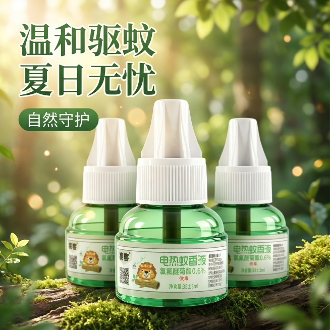 制作3瓶电热蚊香液的正方形夏天宣传图，将三瓶产品做三角形构图摆放，背景为清新自然夏日户外光斑树林，添加温和驱蚊主题推广文字，整体氛围感强，风格清新自然，保持产品外观标签完整不变，1:1正方形构图。预览效果