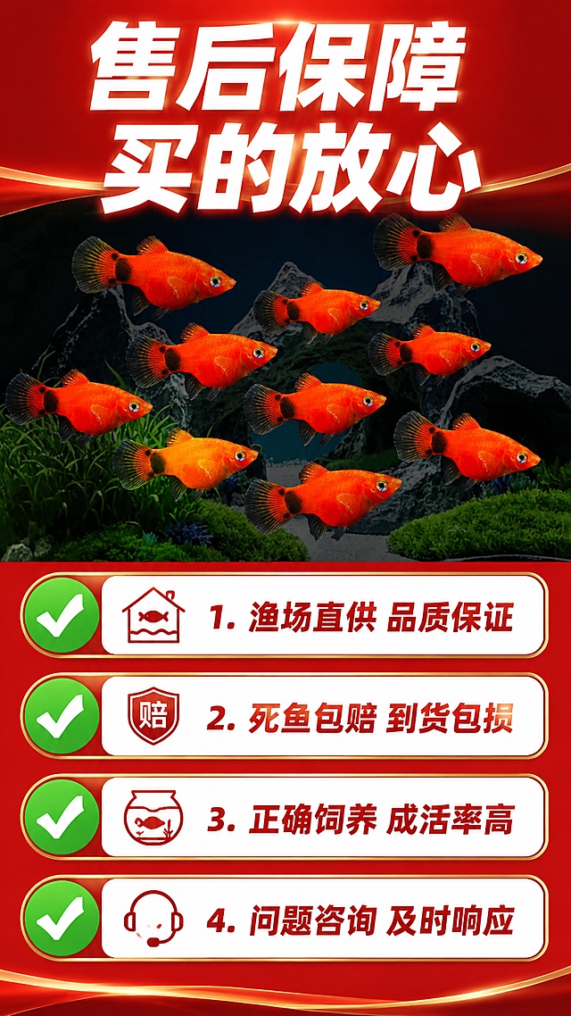 [第8屏] 售后服务承诺，说明包活包损售后保障。本屏使用【图1】作为产品参考。
[氛围/风格] 信任背书风格，稳重可靠，接地气。
[元素布局] 鱼群小图放在画面上半部分，下半部分分点列出售后服务承诺，使用图标加文字形式，清晰直观，整体排版宽松不拥挤。
[光影质感] 均匀明亮，每个服务点清晰区分，文字对比清晰。
[配色色系] 红色主背景，白色文字，绿色对勾图标点缀，醒目直观。
[视角构图] 上下构图，上产品下服务信息，信息层级清晰。
[文字版式] 顶部大标题 "售后保障 买的放心" 白色大字，分四点列出：1. 渔场直供 品质保证，2. 死鱼包赔 到货包损，3. 正确饲养 成活率高，4. 问题咨询 及时响应，每项配对勾图标，文字清晰不重叠。
[比例分辨率] 9:16竖版比例，4K分辨率，文字清晰可辨，高清画质。
[负向提示词] 文字错乱，图标重叠，背景脏乱，产品变形。