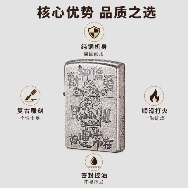 [主图-2] 佐罗煤油打火机核心卖点展示图。[氛围风格] 专业质感，清晰直观。[画质] 商业摄影质感，光线柔和通透，产品清晰真实，画面干净高级。[元素] 佐罗煤油打火机居中展示，保持产品外观（物理结构预览效果