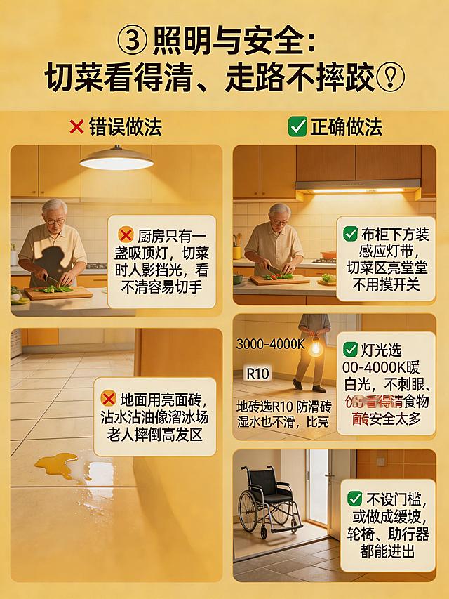 制作养老厨房装修科普图文，主题是照明与安全，包含以下文字："③ 照明与安全：切菜看得清、走路不摔跤💡
❌ 厨房只有一盏吸顶灯，切菜时人影挡光，看不清容易切手
❌ 地面用亮面砖，沾水沾油像溜冰场，老人摔倒高发区
✅ 吊柜下方装感应灯带，切菜区亮堂堂，不用摸开关
✅ 灯光选3000-4000K暖白光，不刺眼、看得清食物颜色
✅ 地砖选R10防滑砖，湿水也不滑，比亮面砖安全太多
✅ 不设门槛，或做成缓坡，轮椅、助行器都能进出"，设计成清晰美观的图文科普海报，暖色调，干净整洁的家居风格
