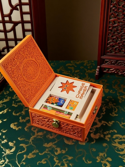 抠出图片主体，保留主体形状，给主体加上国风雕刻纹样。墨绿色+金色花样暗纹的桌面，后景折扇、屏风，营造典雅、富有东方韵味的氛氛围；景深效果。预览效果