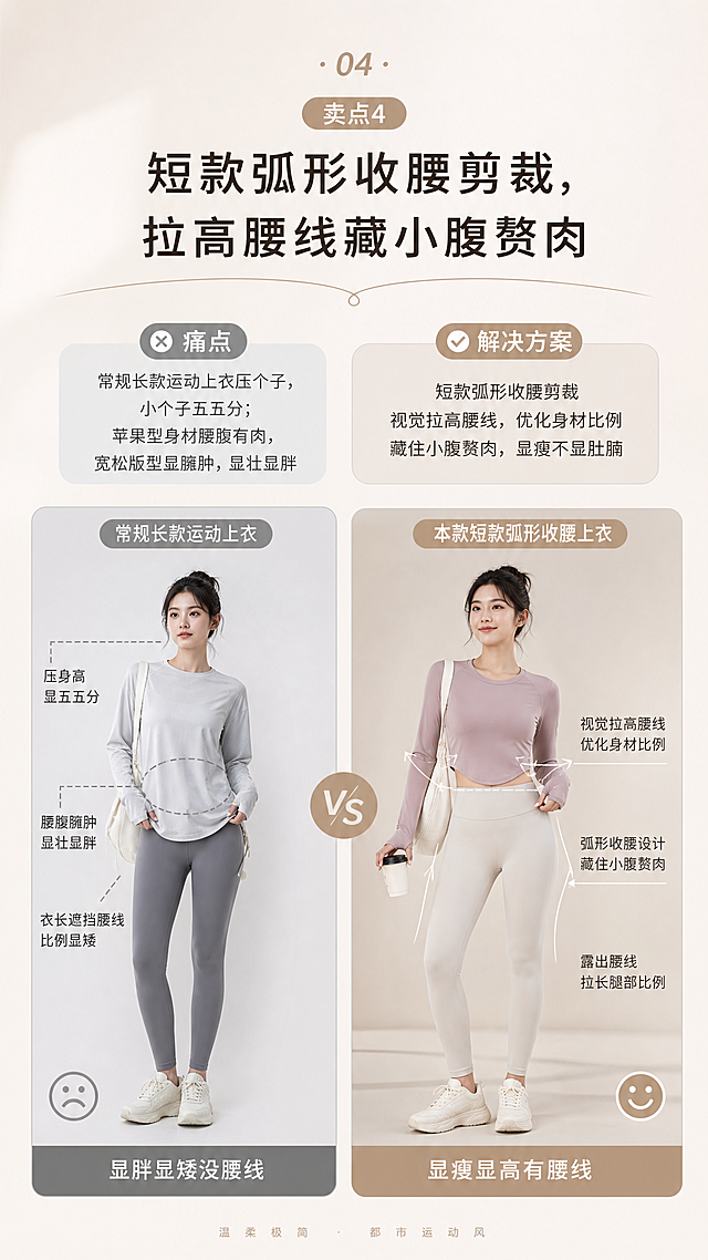 核心卖点痛点第四屏，卖点4标题"短款弧形收腰剪裁，拉高腰线藏小腹赘肉"，痛点文案"常规长款运动上衣压个子，小个子五五分；苹果型身材腰腹有肉，宽松版型显臃肿，显壮显胖"，展示收腰剪裁对比效果，整体调性：温柔极简都市运动风，适配抖音9:16竖屏阅读