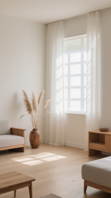 极简主义风格室内场景，柔和的米白色墙壁与浅色木地板，大量自然光线透过轻薄的白色纱帘洒入，在墙面投下窗格状的光影图案，温暖明亮的氛围，木质花瓶中插着干枯的芦苇，不同角度展示房间内的家具摆设，配色以原木色、米白色、浅灰色等中性色调为主，营造宁静舒适的居住空间感，简约而不失设计感。预览效果