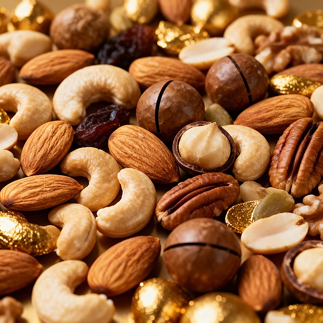 生成一张从顶部拍摄的图片，图片上是正俯视拍摄，画面中全是各种各样的高级果仁。图片质量要相当于商业拍摄，灯光柔和。