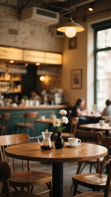 温暖复古风格咖啡厅内景，柔和暖黄色调灯光，木质圆形餐桌，桌上摆放玻璃咖啡壶、白色咖啡杯、黑色花瓶与白色花朵，背景中模糊的吧台与窗外光影，整体氛围温馨宁静，浅景深突出前景餐桌细节，高质感摄影效果，展现不同角度的咖啡厅内部环境，包括其他餐桌布局、墙面装饰与顾客活动区域。预览效果
