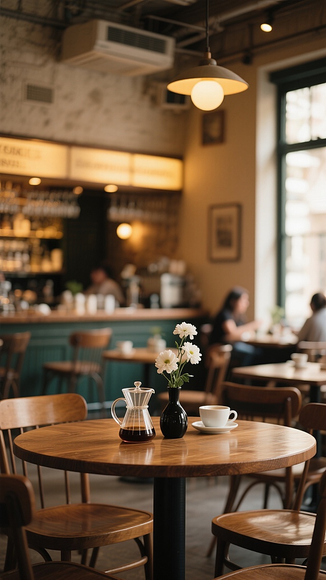温暖复古风格咖啡厅内景，柔和暖黄色调灯光，木质圆形餐桌，桌上摆放玻璃咖啡壶、白色咖啡杯、黑色花瓶与白色花朵，背景中模糊的吧台与窗外光影，整体氛围温馨宁静，浅景深突出前景餐桌细节，高质感摄影效果，展现不同角度的咖啡厅内部环境，包括其他餐桌布局、墙面装饰与顾客活动区域。