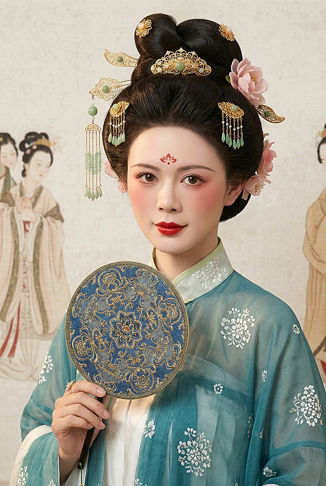 图中人物五官不变，年轻东亚女性胸像古风人像，梳着唐代高发髻（堕马髻），发间点缀着精致的金色花丝发饰、绿色玉坠流苏步摇与粉色花朵发饰。妆容是典型的唐代仕女妆：白皙瓷肌，脸颊晕染红妆，唇色红润，额头有红色花钿。身着齐胸襦裙，内层为白色里衣，外层是青绿色带白色碎花的半透纱质大袖衫，领口有淡绿色镶边。左手手持一把圆形团扇，扇面有蓝金色宝相花纹刺绣。背景是浅米色的工笔画质感背景，整体为传统工笔仕女画风格。采用柔和的暖调侧光，凸显出丝绸面料的通透质感、金饰的精致细节与团扇的刺绣。整体风格超写实，细节丰富，呈现出奢华、诗意且永恒的中国唐代美学风格