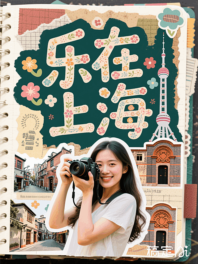 超大标题居中“乐在上海”（文字花字设计带有上海元素），一个少女拿着相机文字下方，写实人像，人像周围有描边，手账拼贴风