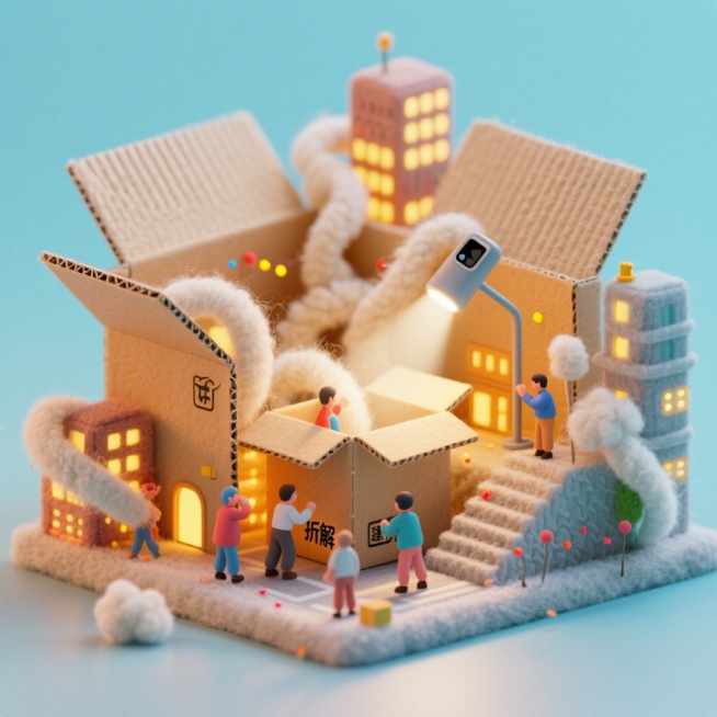 微缩3D场景，放大的打开快递箱化作灯火通明城市，瓦楞纸褶皱模拟城市梯田与街道，其中消费者小人影穿梭，正“拆解”代表新商品的微小“建筑”。手机手电筒光如探照灯，为“箱中城”营造亮灯仪式感，突出庆典氛围与预览效果