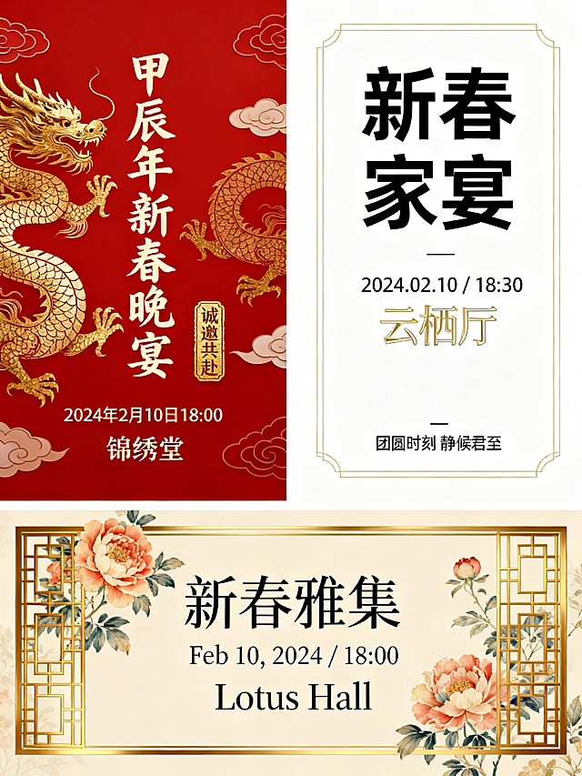 蒙特利尔山东同乡会邀请中国驻蒙特利尔领事馆的官员来参加同乡会的新春庆祝晚宴，我有以下内容，请帮忙润色一下内容，同时做几个不同的版面设计给我参考一下