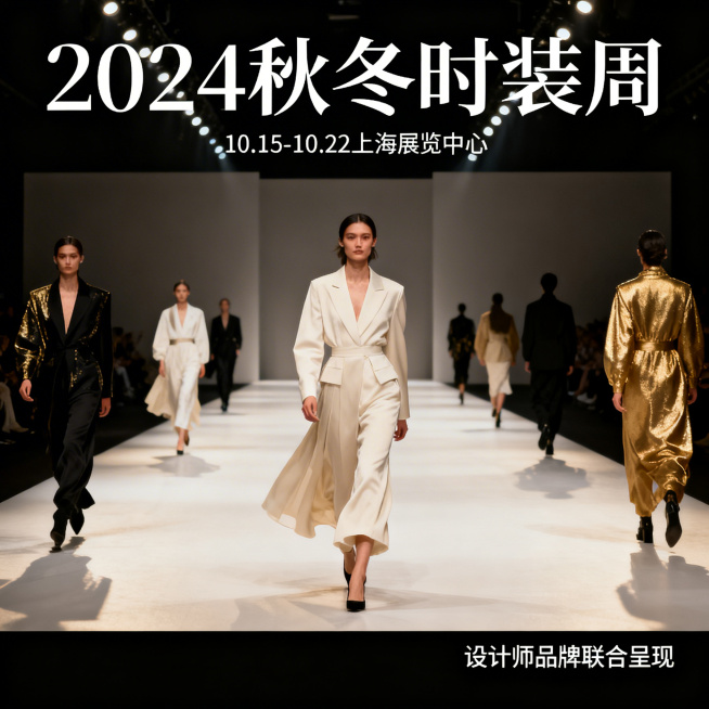 时尚时装周宣传海报，高端现代风格，展示潮流时装模特走秀场景，整体色调高级质感，适合作为活动宣传海报预览效果
