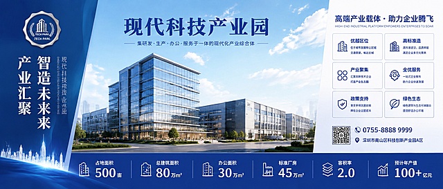 将这张产业园围挡海报的配色改为蓝白配色方案。左侧区域改为深蓝色渐变背景，搭配白色文字和银色徽章装饰，保持庄重感。中间区域保持蓝天白云建筑效果图，标题文字改为深蓝色。右侧信息区改为白色或浅灰蓝色背景，文字改为深蓝色，图标用蓝色线条。底部数据通栏改为深蓝色背景，白色数字和图标。整体配色以蓝色和白色为主，科技感、清爽现代，保持原有三段式布局和所有内容结构不变，仅更换配色体系。