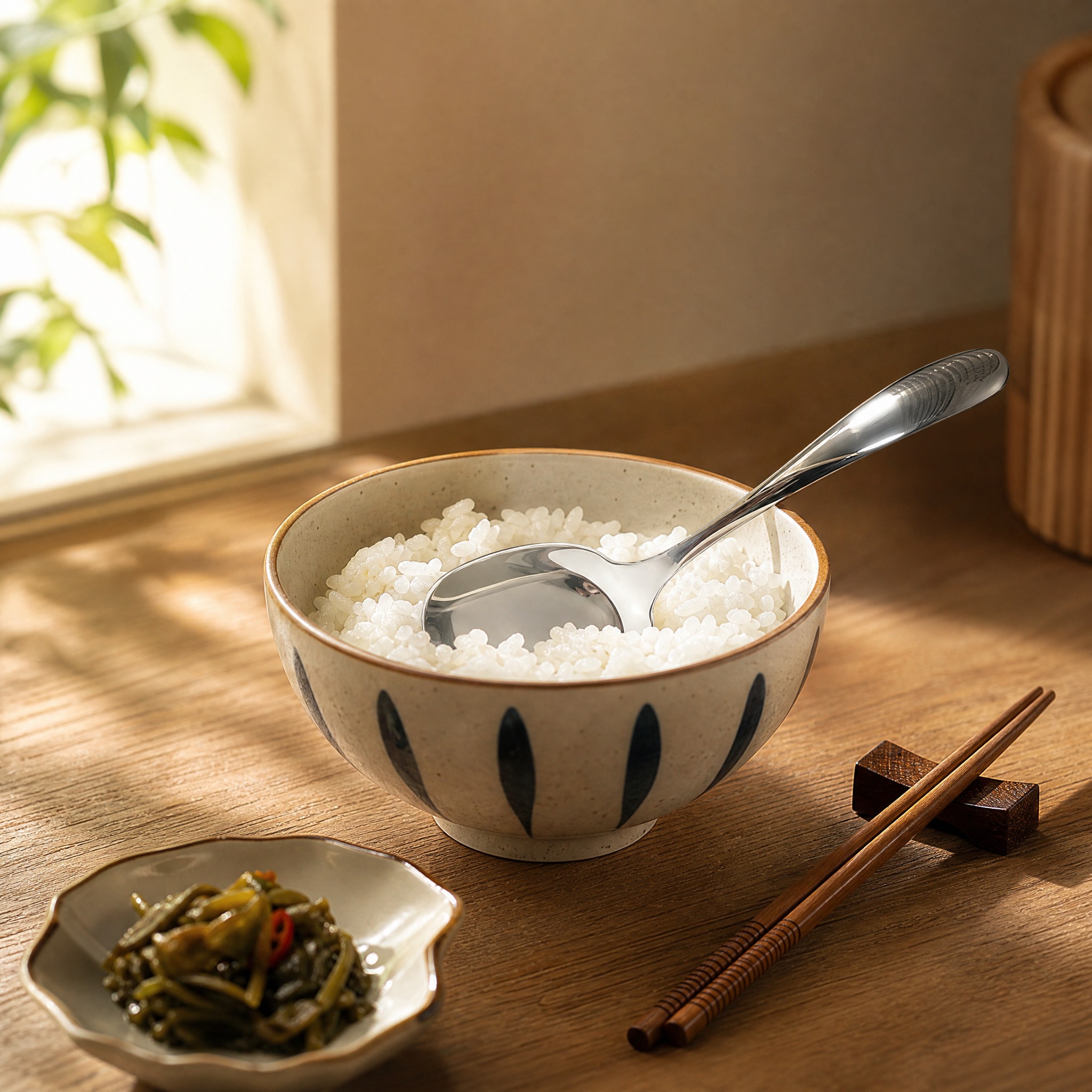 100%复刻图中不锈钢食勺的产品造型：宽扁方形圆角勺头，圆润流… - 图片创意预览