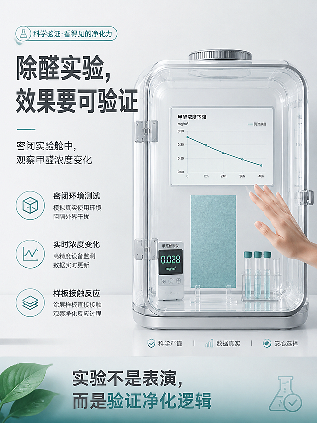 中文高端科普图文设计稿，浅灰白实验室背景，中央是透明密闭实验舱，实验舱内有一块涂漆样板，旁边有甲醛检测仪、试管、数据显示屏，屏幕显示简化曲线“甲醛浓度下降”，一只手轻触实验舱外侧，表现出拳实验概念，柔和光线，干净留白，左侧大标题“除醛实验，效果要可验证”，副标题“密闭实验舱中，观察甲醛浓度变化”，下方三条信息“密闭环境测试”“实时浓度变化”“样板接触反应”，底部强调“实验不是表演，而是验证净化逻辑”，低饱和蓝绿色点缀，现代中文排版，平面设计稿，平面无透视，极简高端家居质感，环保涂料科普长图风格