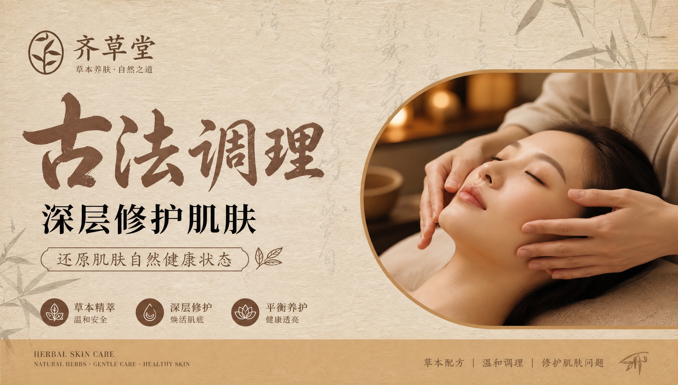 参考图的版式骨架和新中式国风风格，将品牌替换为齐草堂，主题替换… - 图片创意预览