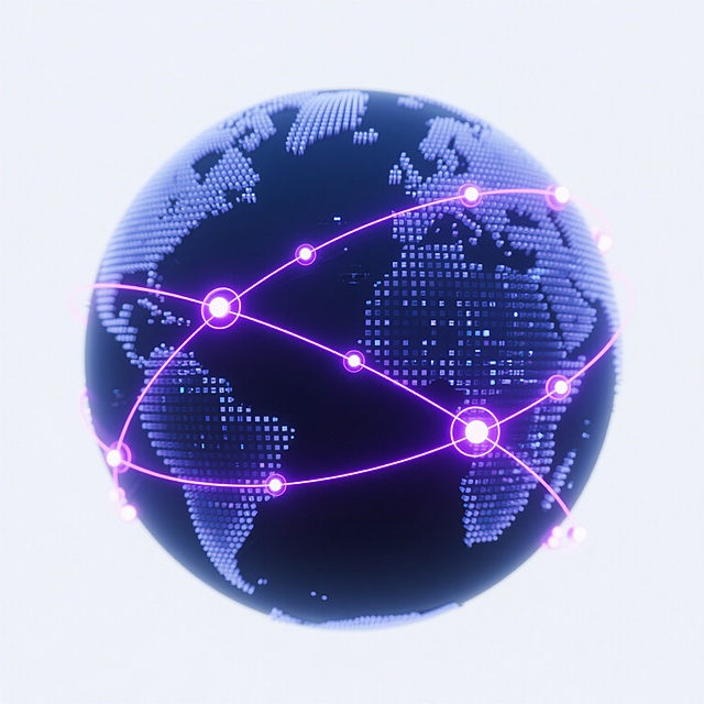白色背景下的3D地球模型，采用深蓝色调的科技感设计，表面以数字点阵构成世界地图轮廓，全球网络以明亮的紫色发光线条和节点连接，线条呈现流畅的曲线并带有光晕效果，节点为发光的亮点，整体画面充满未来感和科技氛围，构图居中对称，光影效果突出线条和节点的立体感与光泽度，细节丰富，展现数字化地球与全球互联的概念。