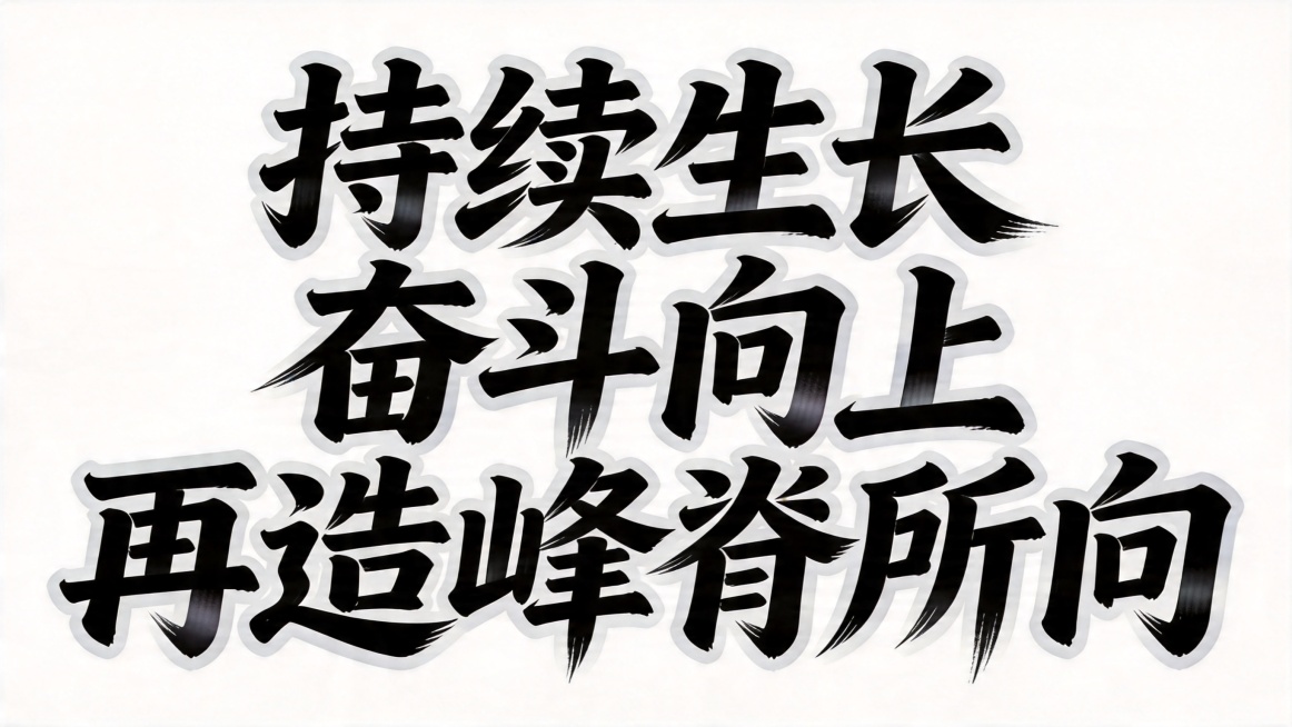 干净的纯白色背景。
创意艺术字体设计，十二个字"持续生长 奋斗向上 再造峰脊所向"，所有文字单行横向排列，解构主义书法风格，笔画融入生长的山脊线条元素，结构夸张有力，笔画粗细对比强烈，黑色为主，浅灰色预览效果