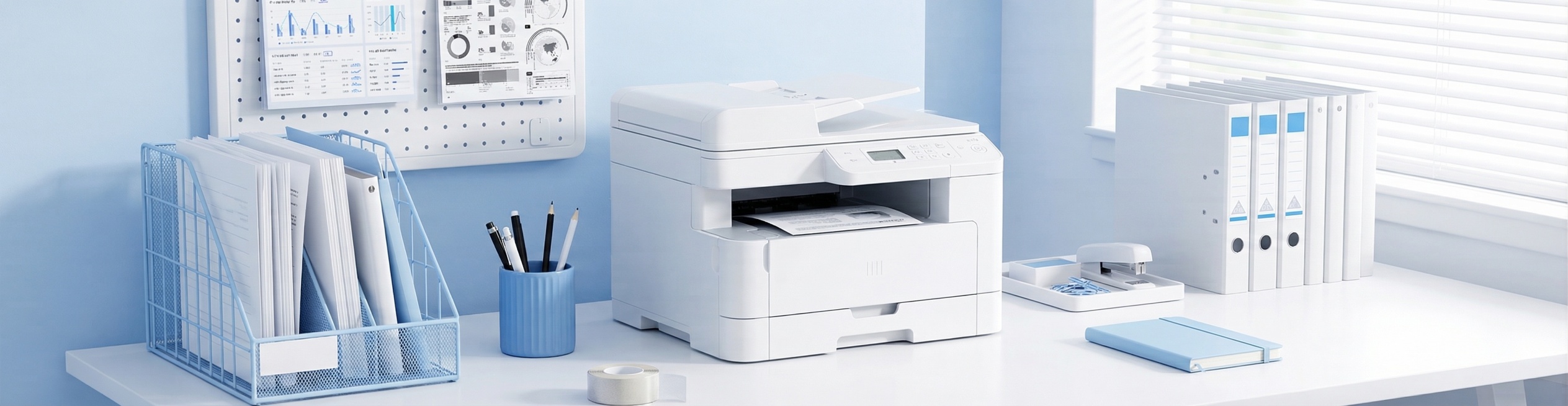 参考提供的两张办公室打印机场景图，生成一张相似的办公桌面场景图，放置打印机和办公文具，整体色调采用白色和浅蓝色，风格简约干净，现代办公环境预览效果